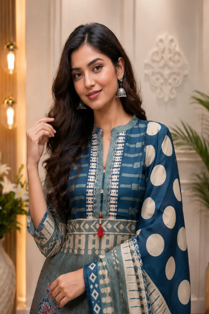 Aarnik-Ethnics-Blue-Printed-Rayon-Kurta-Set