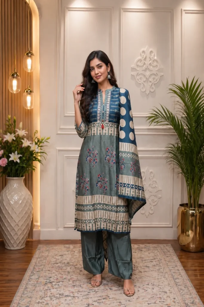 Blue Printed Rayon Kurta Set