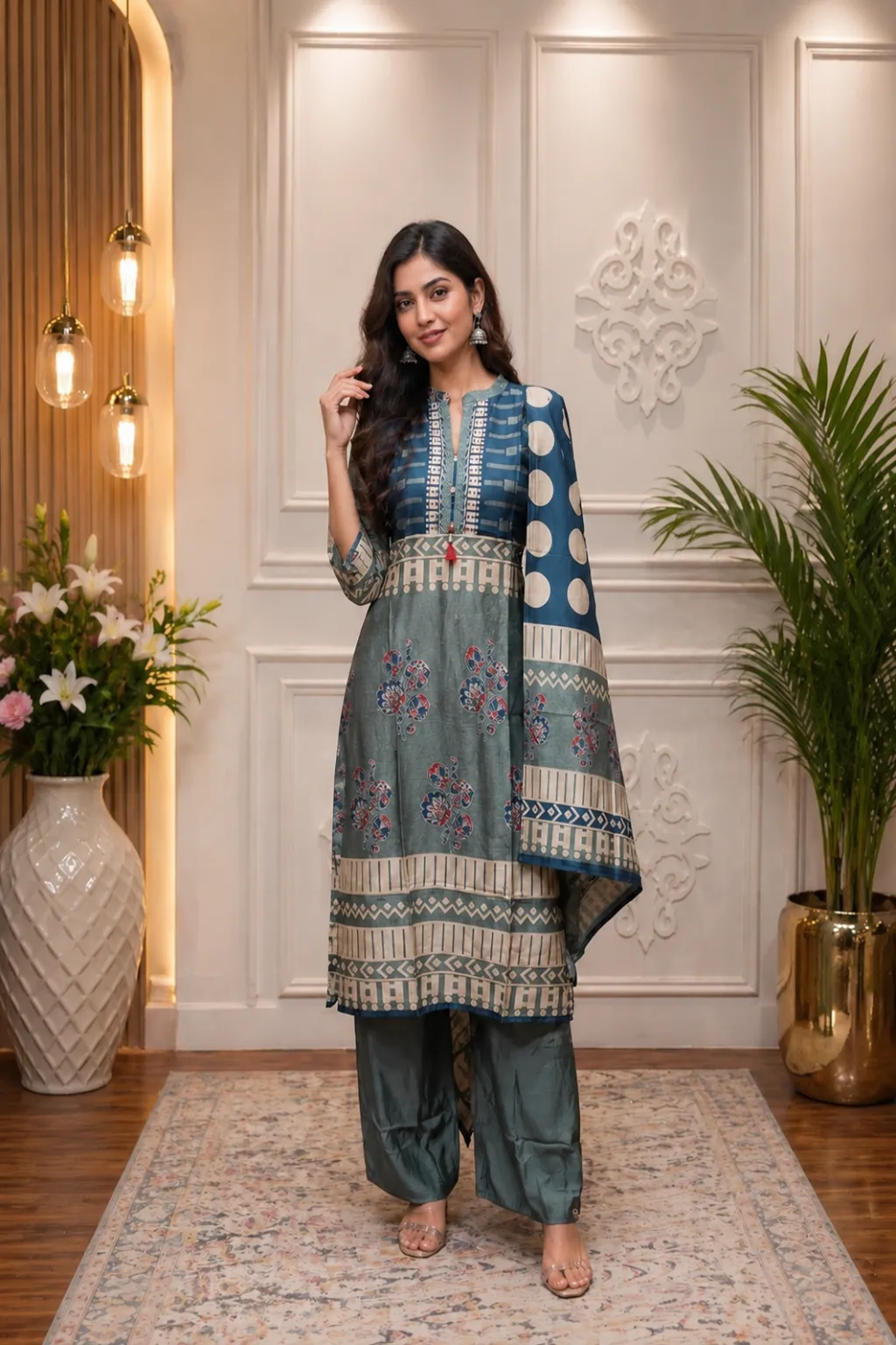 Blue Printed Rayon Kurta Set
