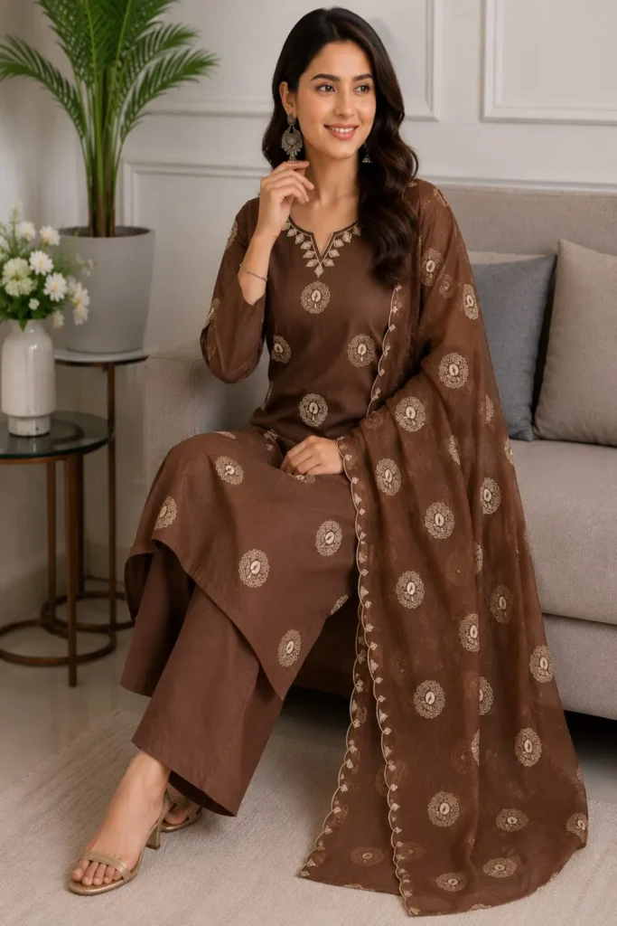 Aarnik-Ethnics-Brown-Golden-Embroidered-Cotton-Kurta-Set