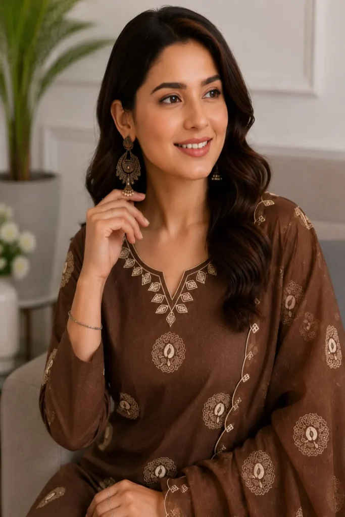 Aarnik-Ethnics-Brown-Golden-Embroidered-Cotton-Kurta-Set