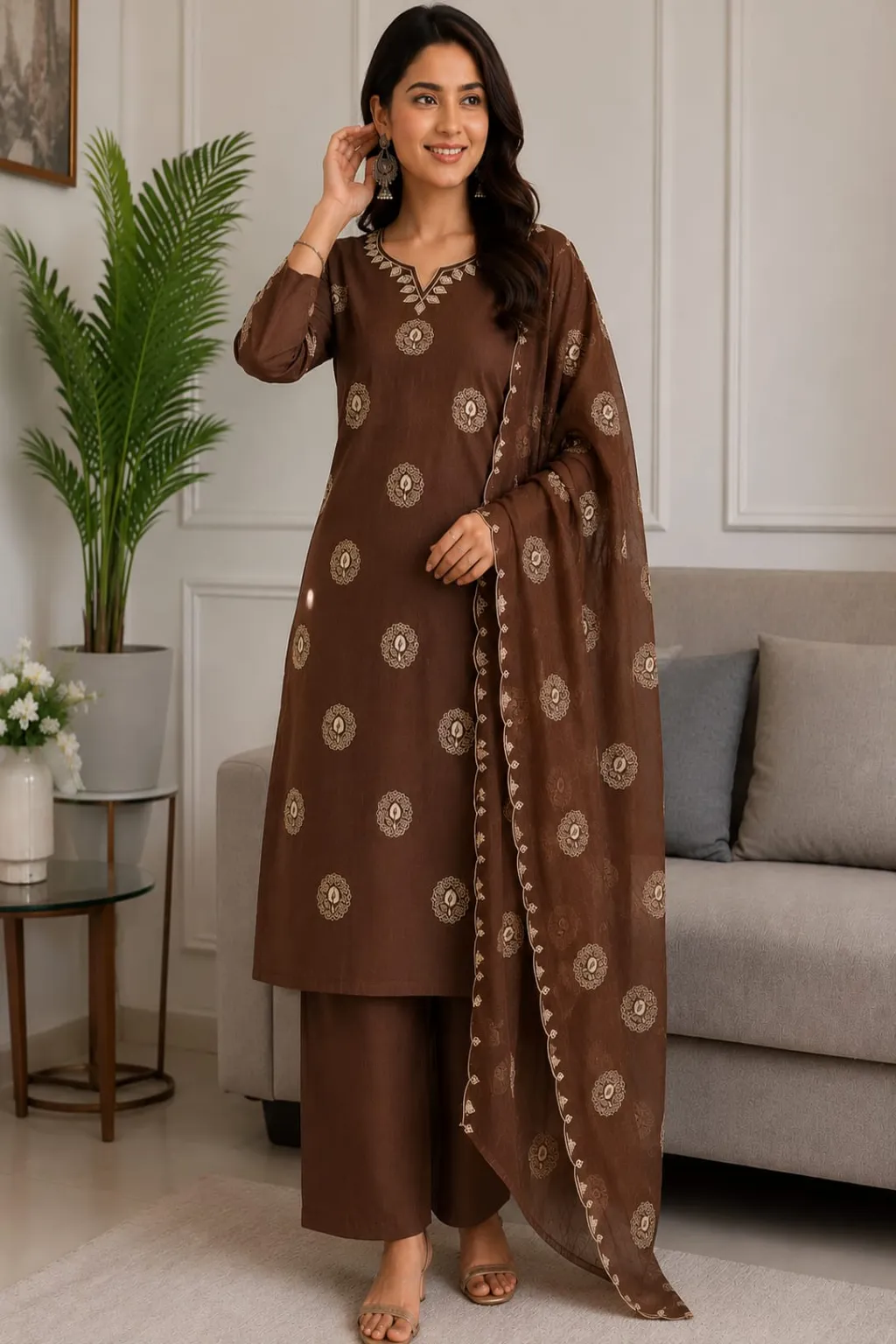 Brown Golden Embroidered Cotton Kurta Set
