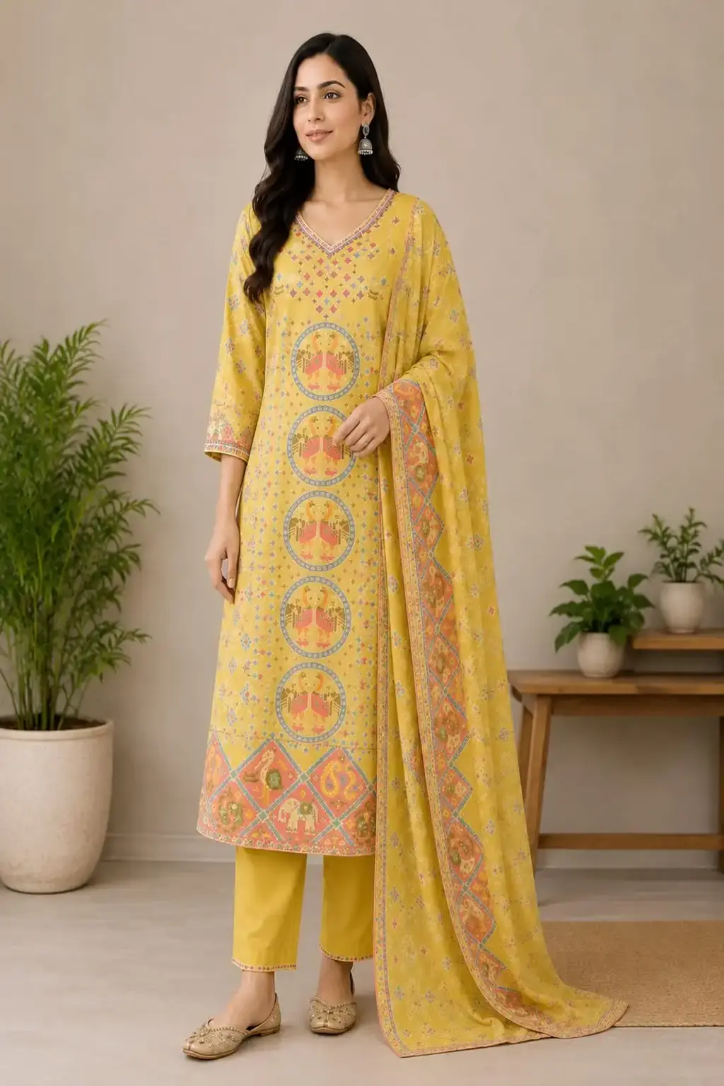 Elephant Yellow Motif Kurta Set
