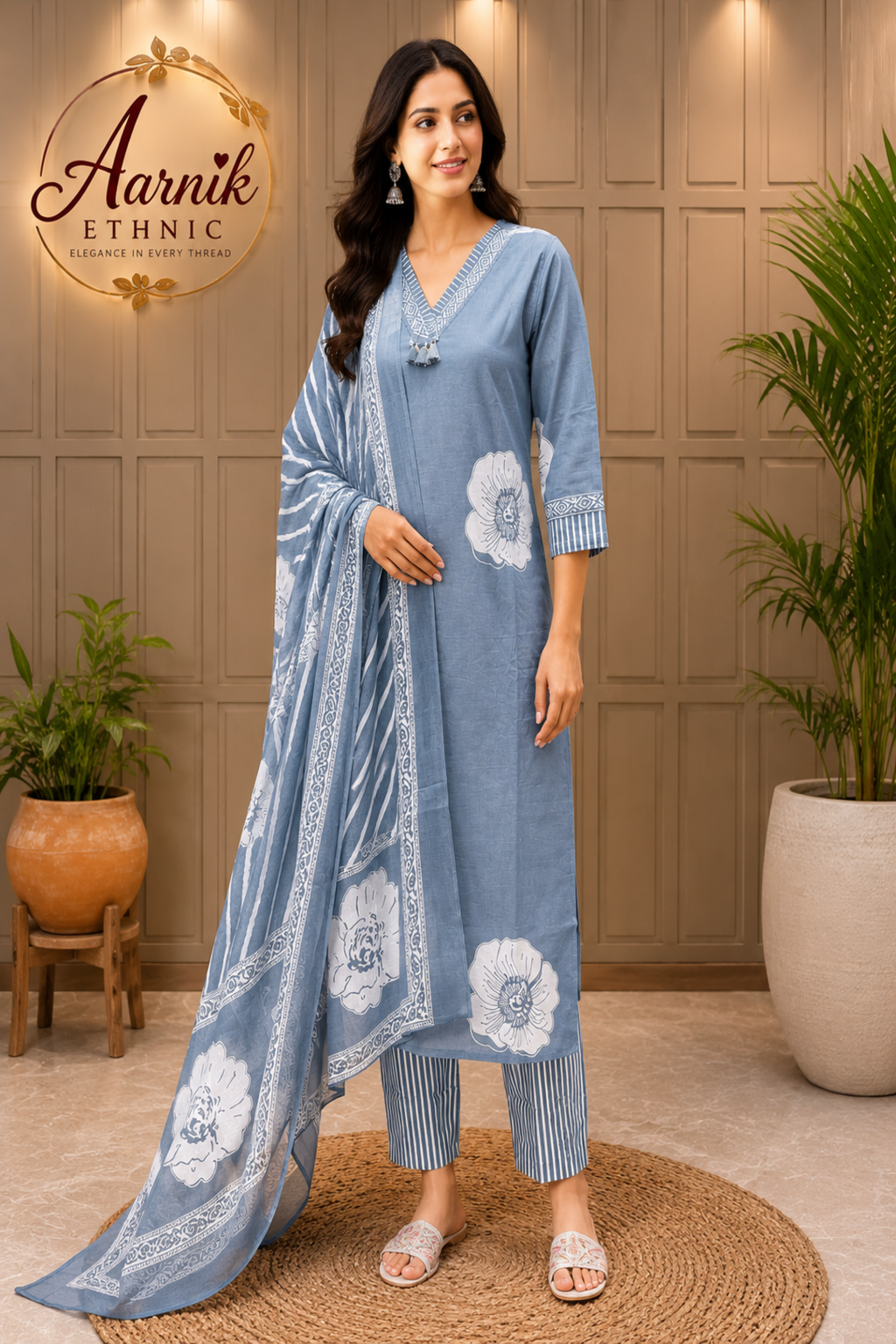 Grey Cotton Printed 3-Piece Suit Set with Dupatta