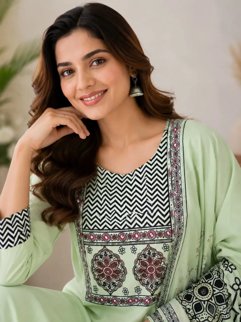 Aarnik-Ethnics-Light-Green-Geometric & Floral-Kurta-Set