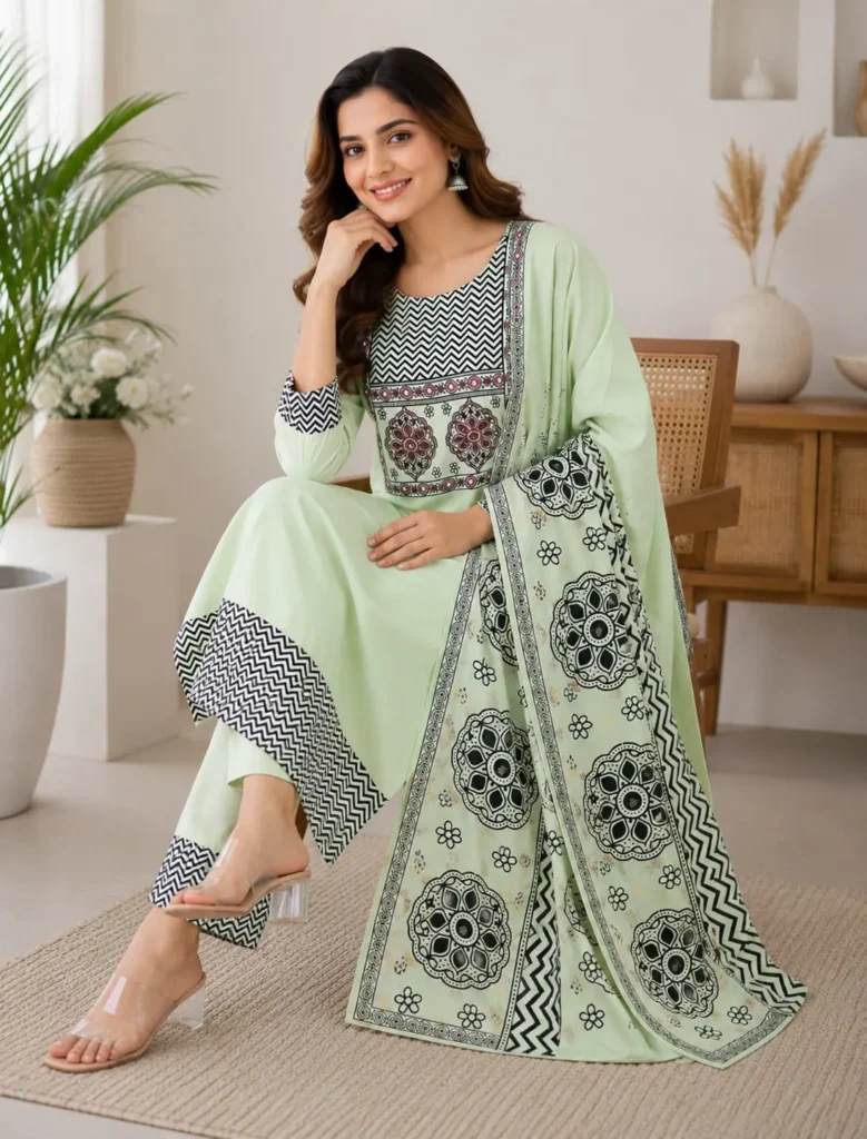 Aarnik-Ethnics-Light-Green-Geometric & Floral-Kurta-Set
