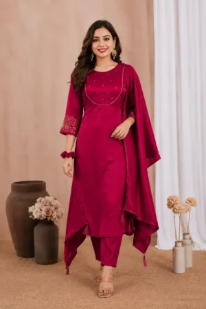 Magenta Satin Kurta Set with Dupatta