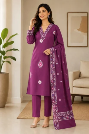 Aarnik-Ethnics-Purple-Geometric-Embroidered-Kurta-Set