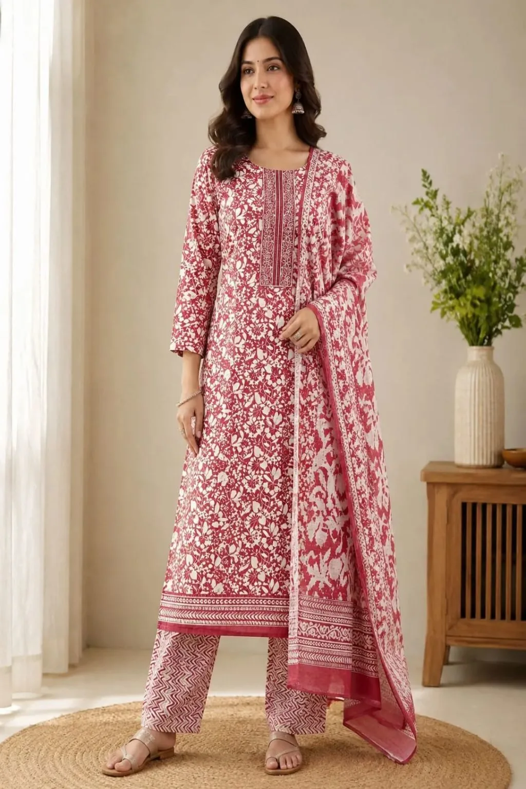 Aarnik-Ethnics-Red-Floral-Geometric-Kurta-Set