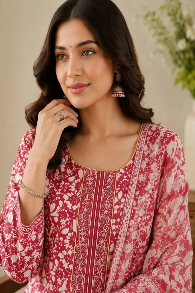 Aarnik-Ethnics-Red-Floral-Geometric-Kurta-Set