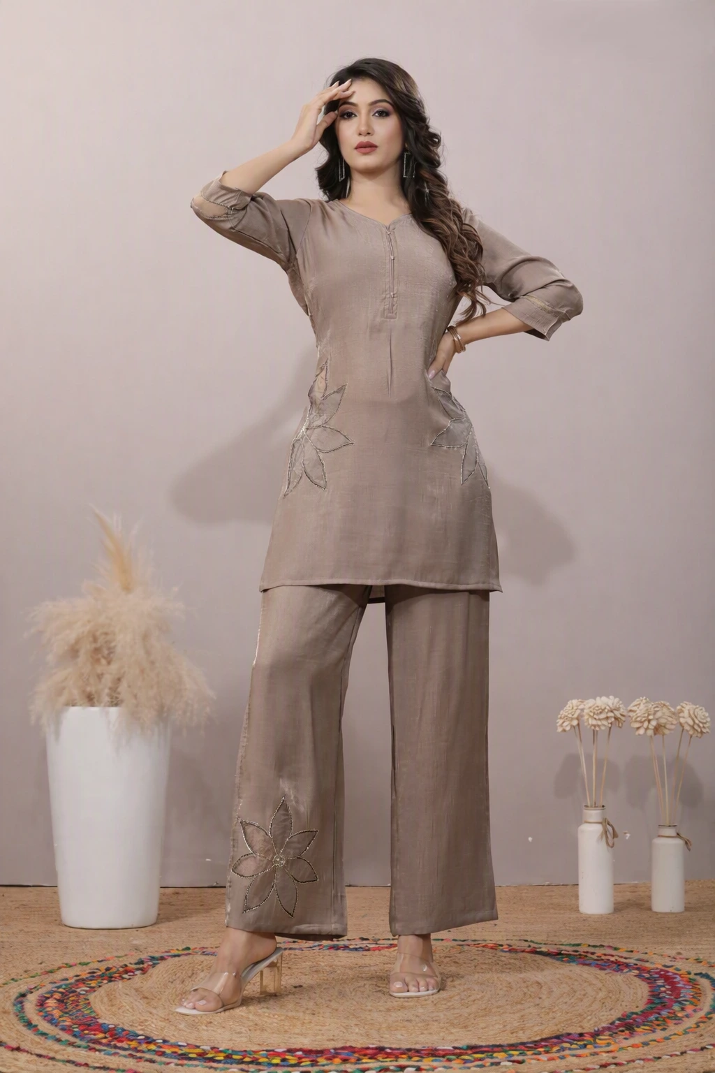 Taupe Embroidered Co-Ord Set
