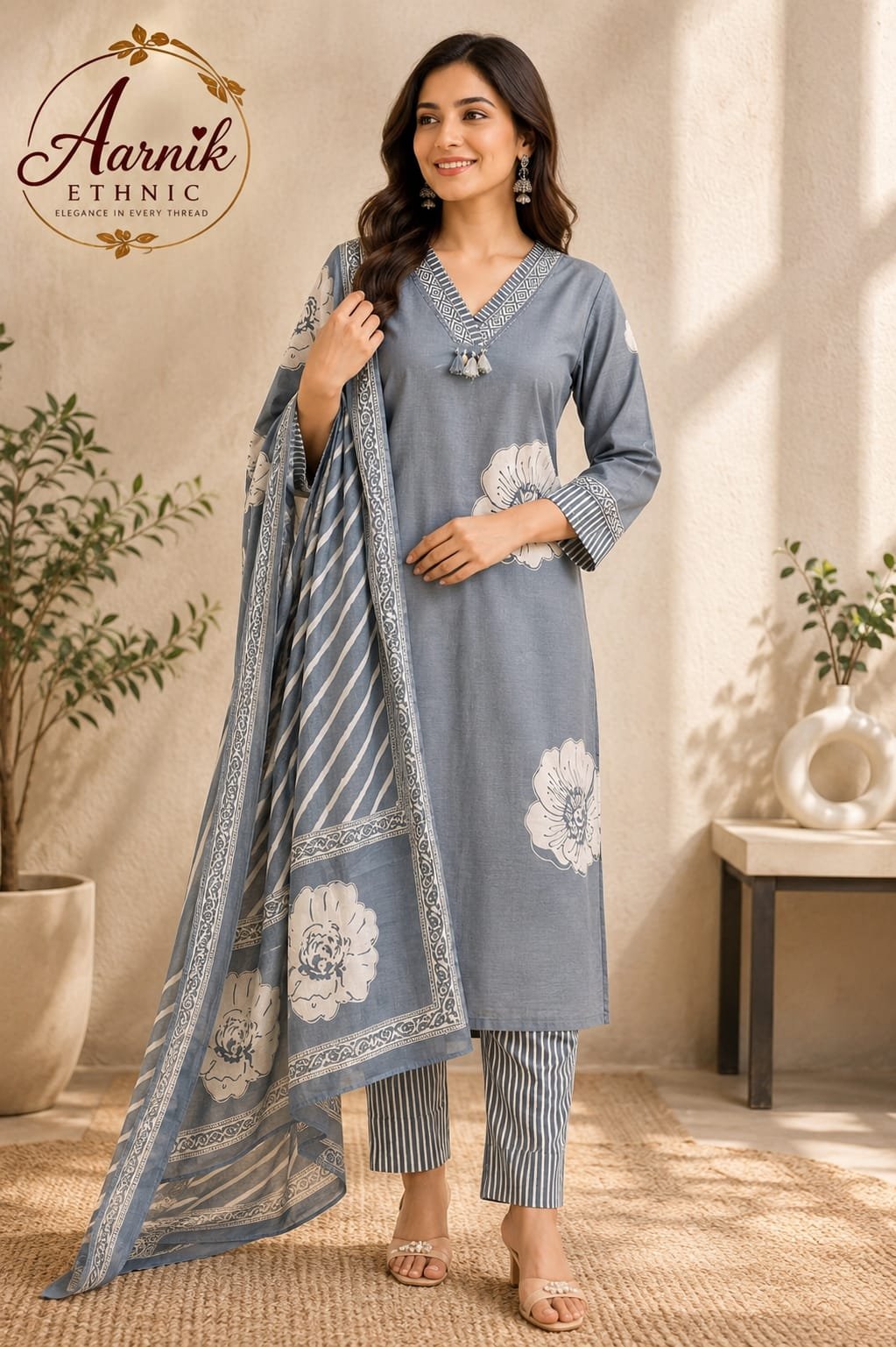Grey Cotton Printed 3-Piece Suit Set with Dupatta