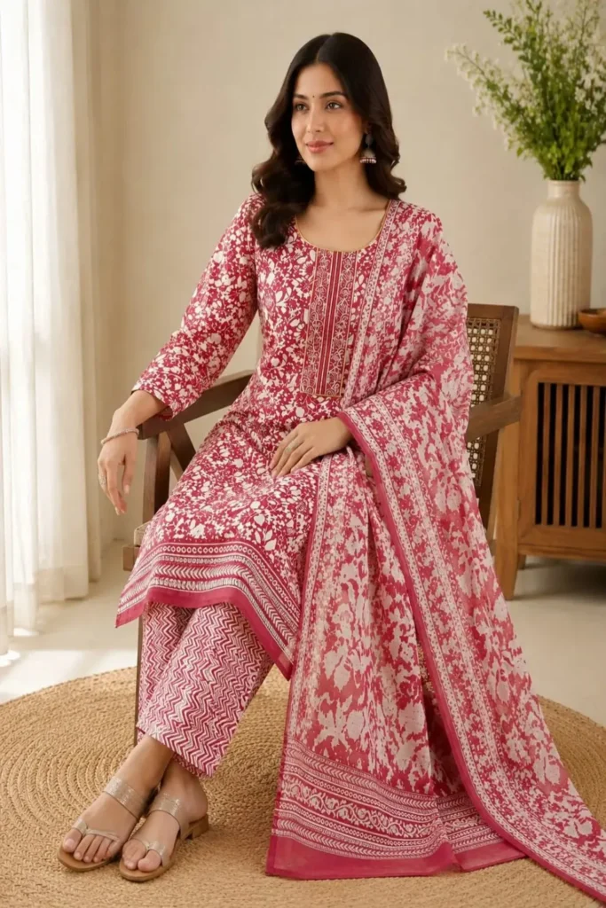 Aarnik-Ethnics-Red-Floral-Geometric-Kurta-Set