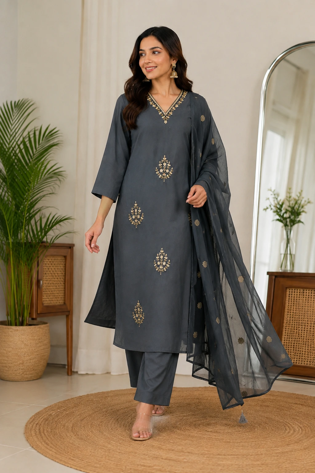 Elegant Gray Embroidered Kurta Set with Dupatta