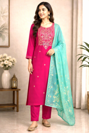 Fuchsia Pink Embroidered Kurta Set