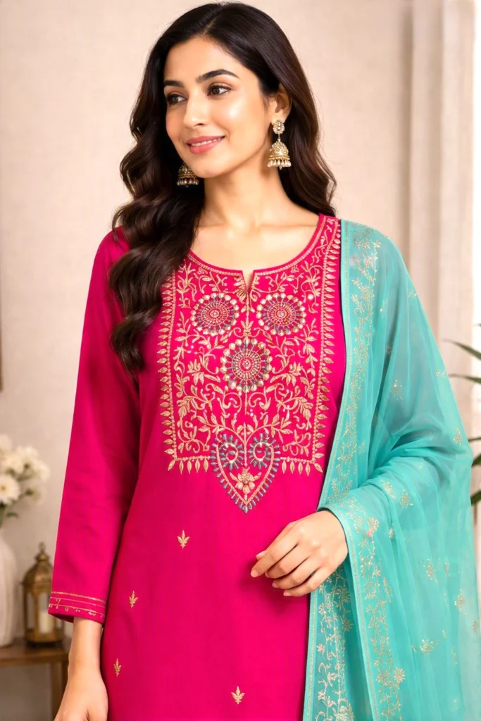 Bright Pink Embroidered Kurta Set