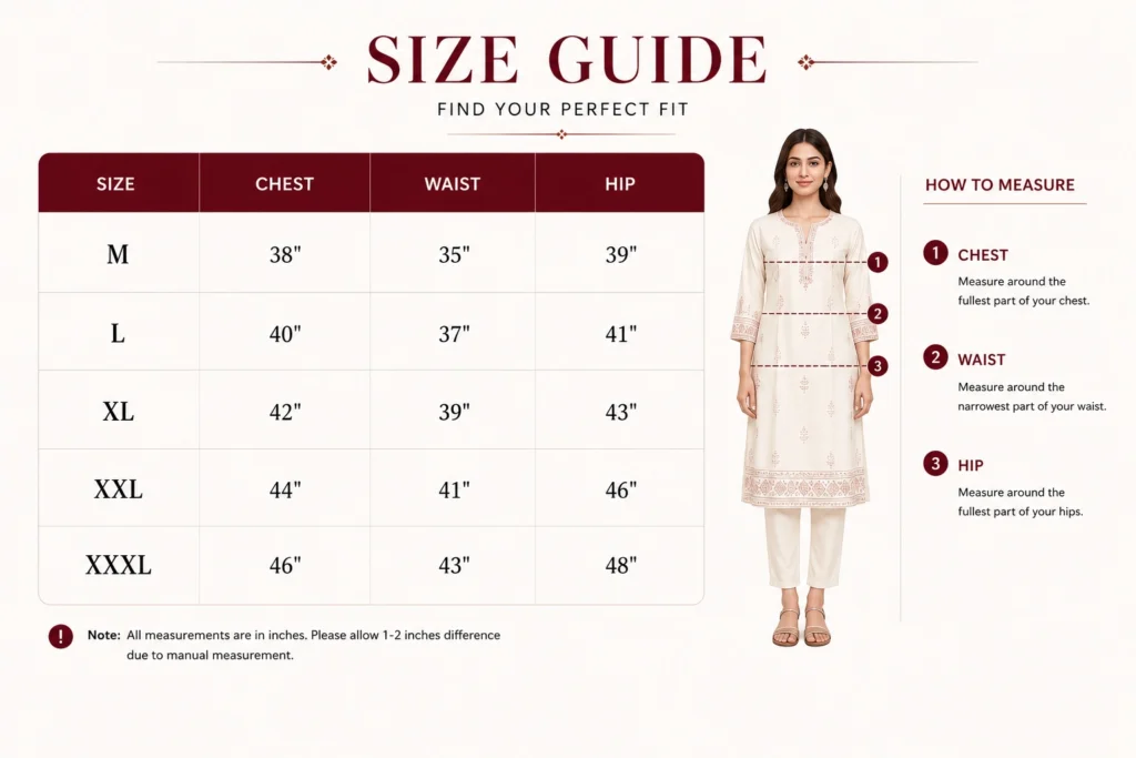 Aarnik Ethnics Size Guide Chart
