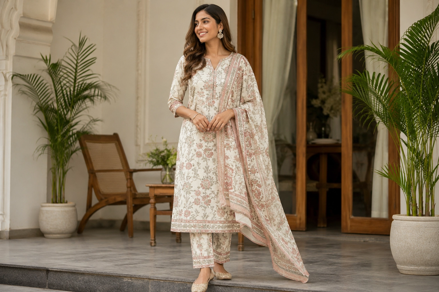 Aarnik-Ethnics-Modern-Indian-woman-wearing-comfortable-ethnic-kurta-set