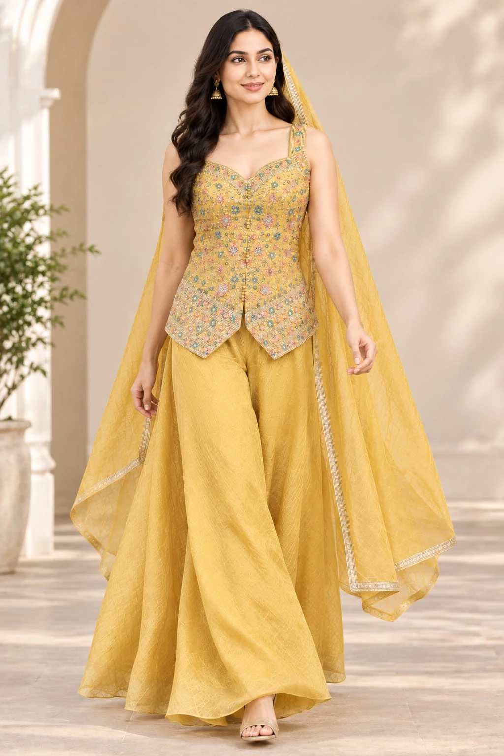 Mustard Yellow Embroidered Palazzo Set