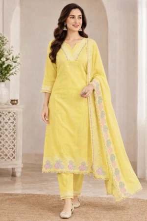 Pastel Yellow Floral Embroidered Kurta Set