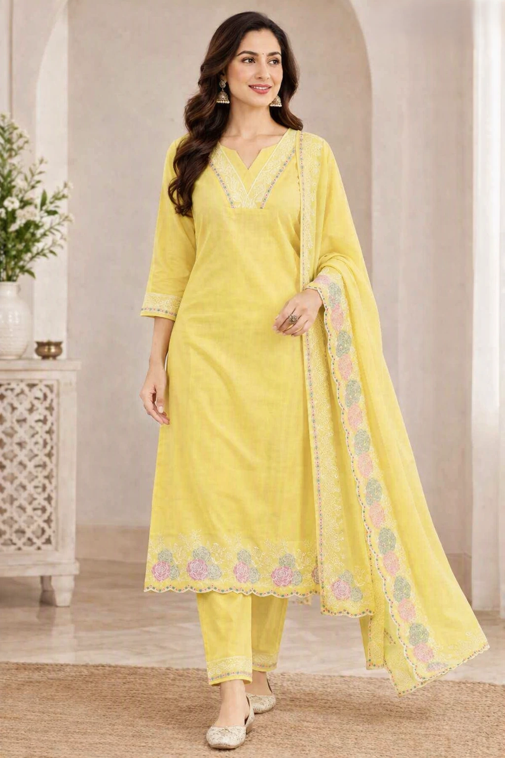 Pastel Yellow Floral Embroidered Kurta Set