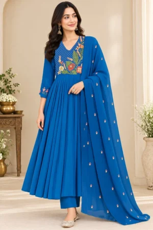 Royal Blue Floral Embroidered Anarkali Suit Set