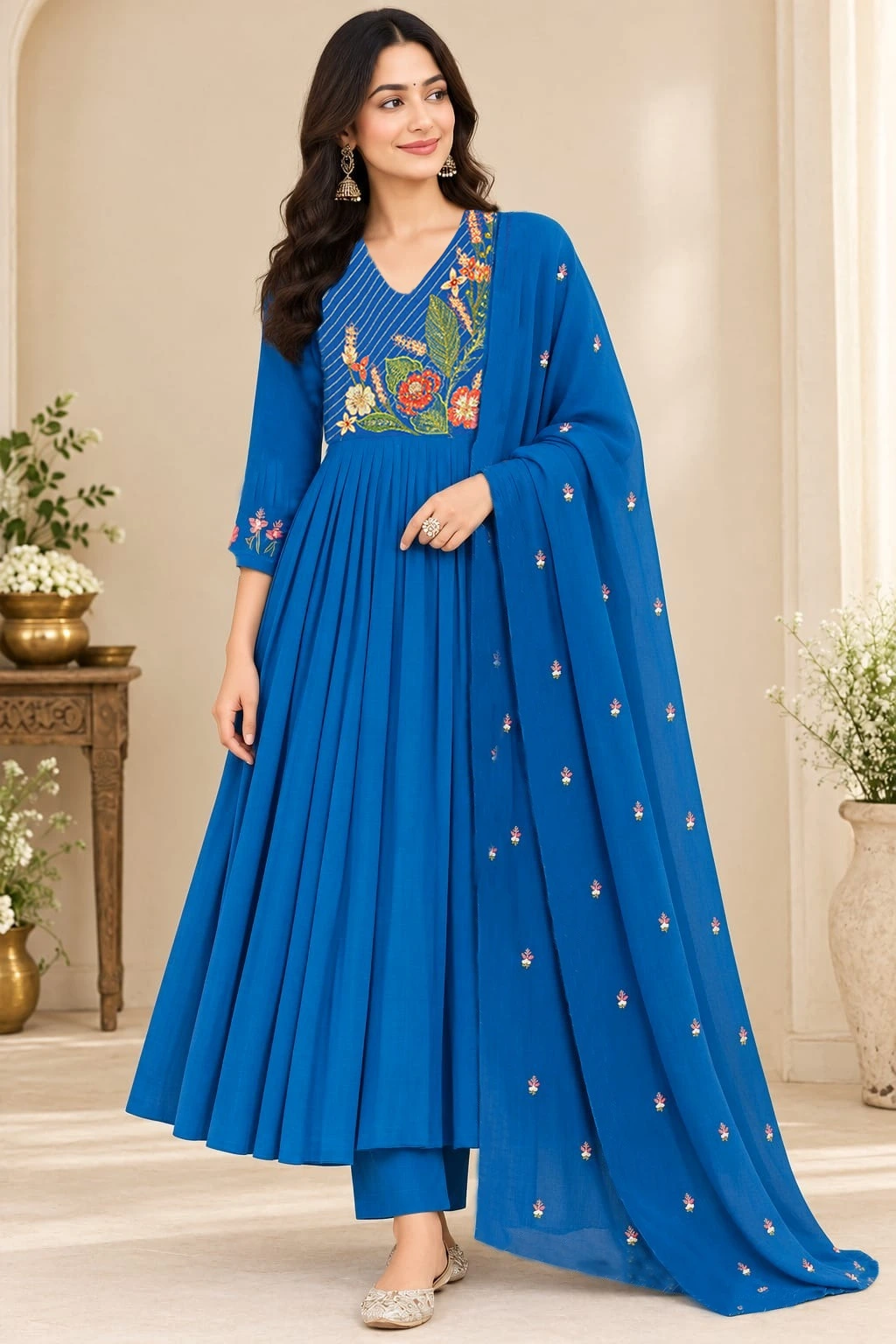 Royal Blue Floral Embroidered Anarkali Suit Set