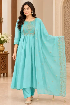 Aqua Blue Embroidered Anarkali Suit Set