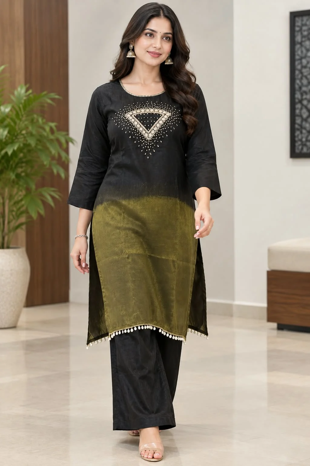 Black & Olive Green Kurta Set