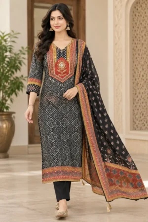 Black Printed Kurta Set with Designer Dupatta