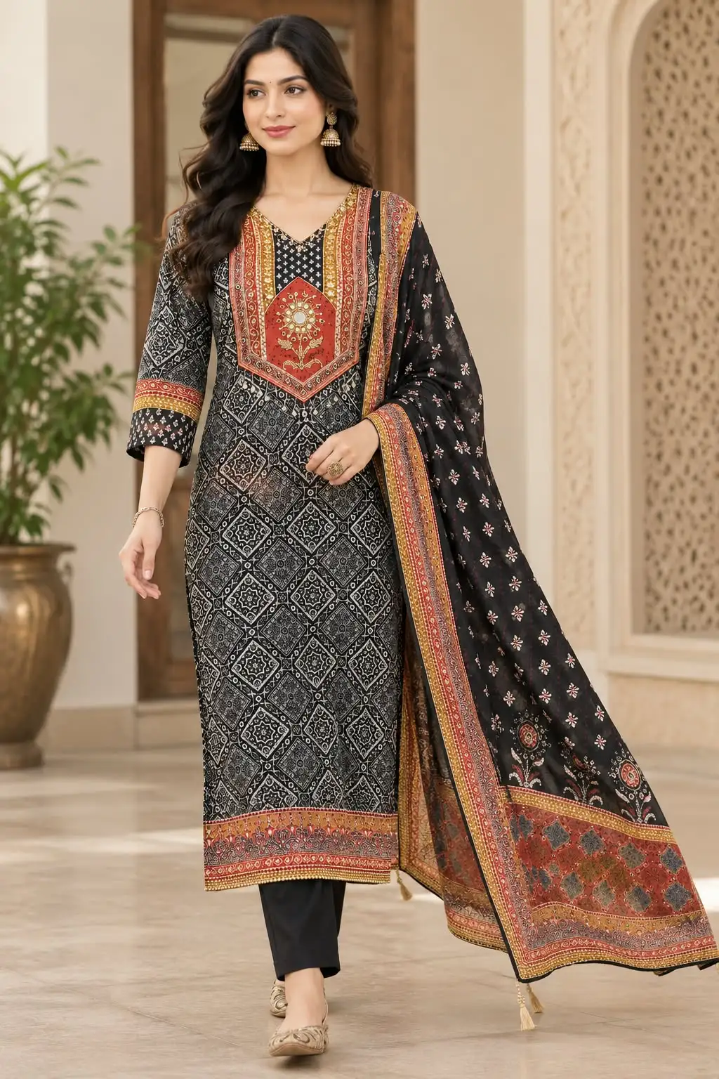 Black Printed Kurta Set with Designer Dupatta