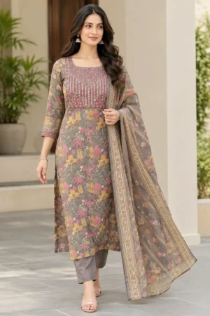 Grey Floral Printed Embroidered Suit Set