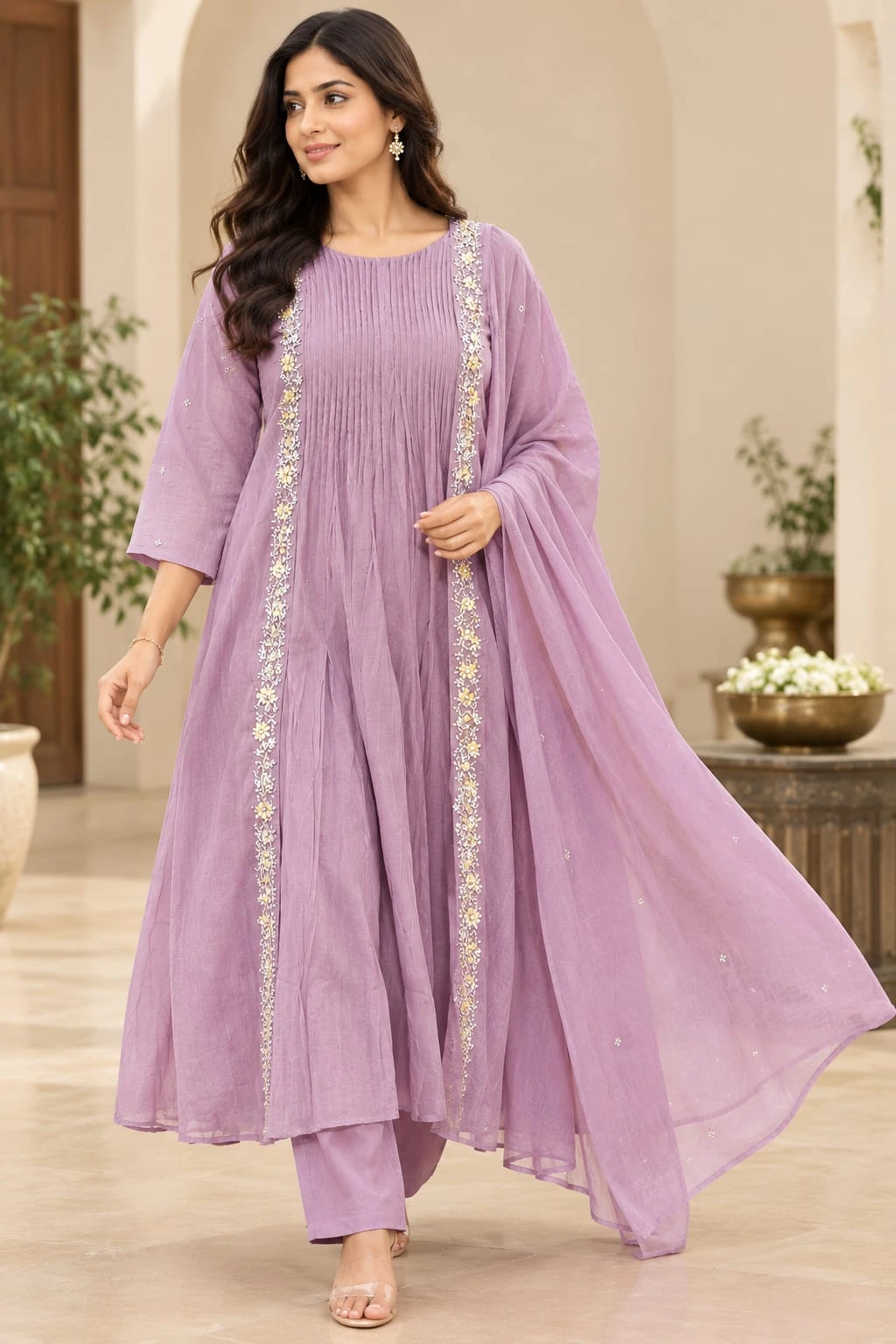 Lavender Floral Embroidered Kurta Suit Set