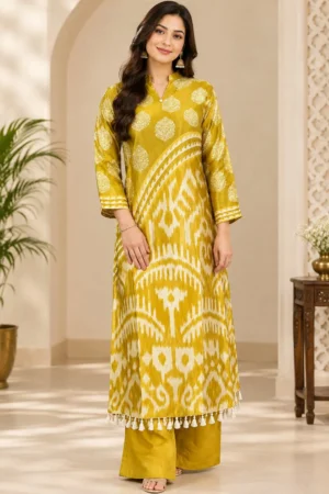Mustard Yellow Ikat Printed Kurta Set with Palazzo Pants
