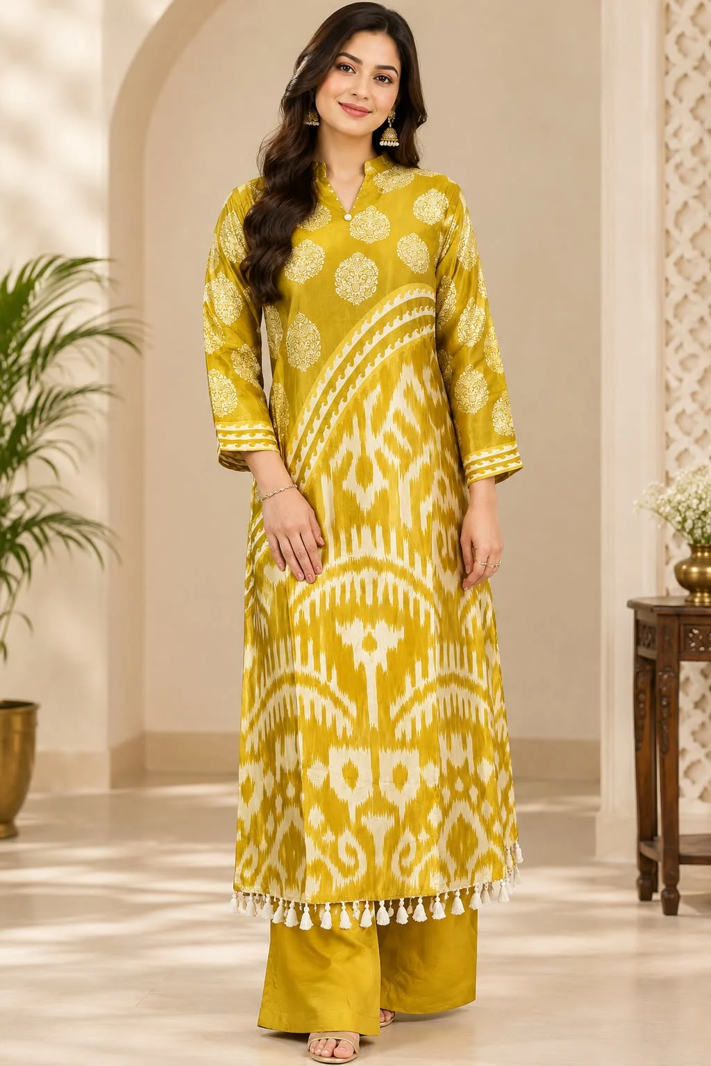 Mustard Yellow Ikat Printed Kurta Set with Palazzo Pants
